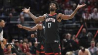 Houston Rockets forward Tari Eason (17) reacts after a play during the third quarter against the Cleveland Cavaliers at Toyota Center.