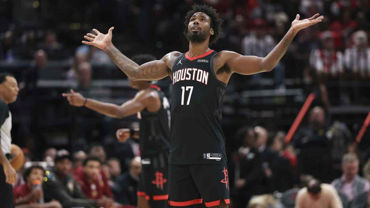 Houston Rockets forward Tari Eason (17) reacts after a play during the third quarter against the Cleveland Cavaliers at Toyota Center.