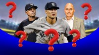 Graphic with Yankees' Anthony Volpe, Brian Cashman, and Aaron Boone with question marks around them.