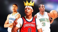 Anthony Davis (Hornets uniform), Jeremiah Fears (Pelicans, wearing a crown), Chris Paul (Hornets uniform)