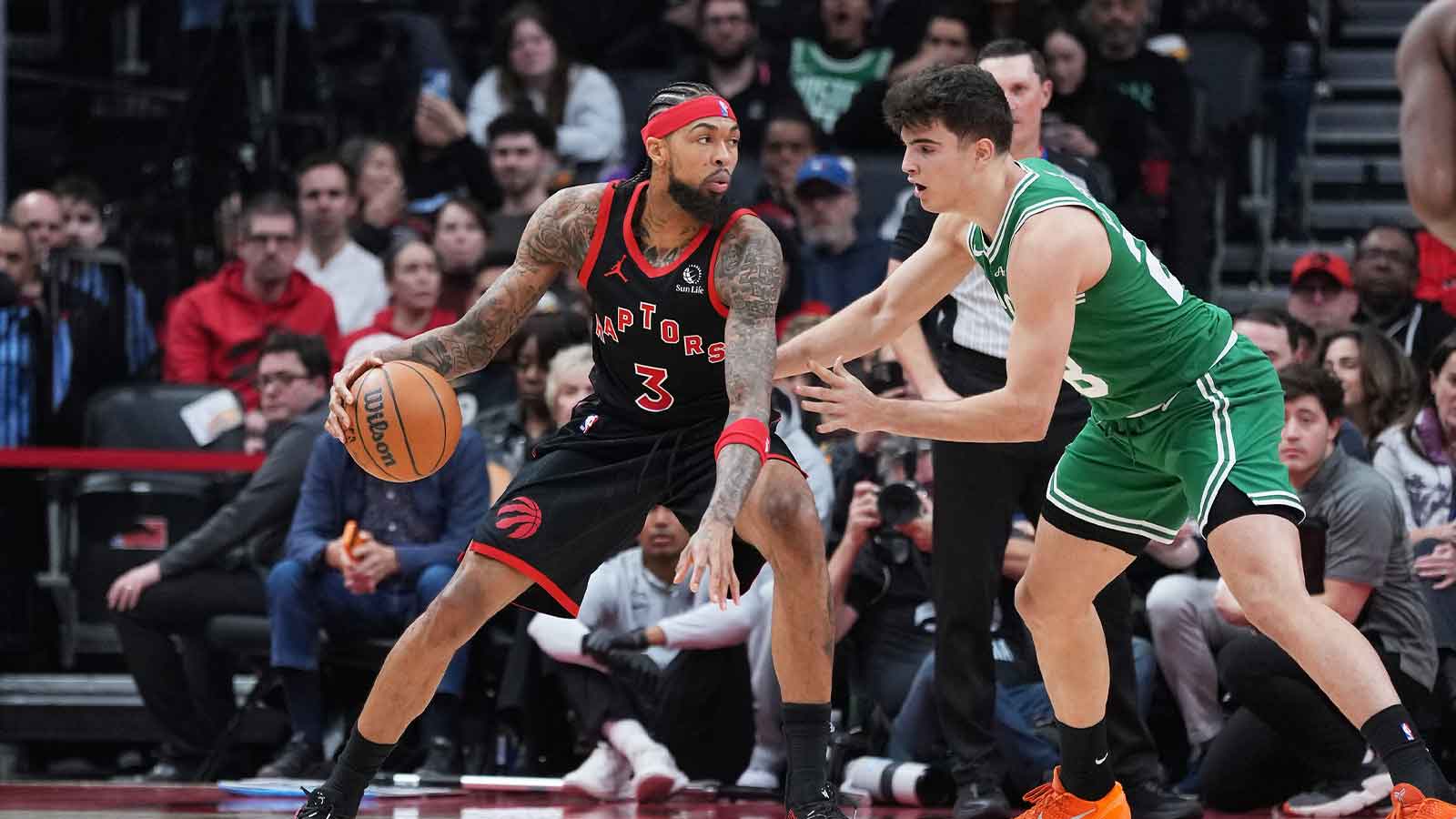 Toronto Raptors forward Brandon Ingram (3) controls the ball as Boston Celtics guard Hugo Gonzalez (28) tries to defend during the second quarter at Scotiabank Arena.