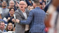 UConn Huskies head coach Dan Hurley reacts after a call during the second half of the game against the Seton Hall Pirates at Prudential Center.