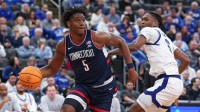 UConn Huskies forward Tarris Reed Jr. (5) goes to the basket against Seton Hall Pirates forward Stephon Payne III (6) during the first half at Prudential Center. Mandatory Credit: