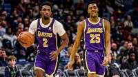 NBA players Herb Jones and Trey Murphy III in Los Angeles Lakers jerseys, trade deadline