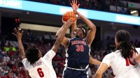 Arizona Wildcats forward Tobe Awaka (30) shoots against Alabama Crimson Tide forward London Jemison (6) during the second half at Legacy Arena at BJCC.