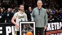 Purdue Boilermakers guard Braden Smith (3) is recognized for all time career assists before the game against the Washington Huskies at Mackey Arena.