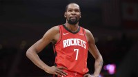 Houston Rockets forward Kevin Durant (7) reacts after a play during the second half against the Chicago Bulls at Toyota Center.