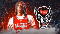 High school basketball player Trevon Carter-Givens in a NC State basketball jersey. Have the NC State Wolfpack logo in the background