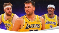 LA Lakers player Luka Doncic. Have LA Lakers player Drew Timme on one side of him. Have LA Lakers player Jarred Vanderbilt on the other side