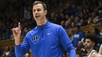Duke Blue Devils head coach Jon Scheyer gestures during the second half against the Wake Forest Demon Deacons at Cameron Indoor Stadium.