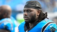 Carolina Panthers offensive tackle Ikem Ekwonu (79) on the sidelines in the fourth quarter at Bank of America Stadium.
