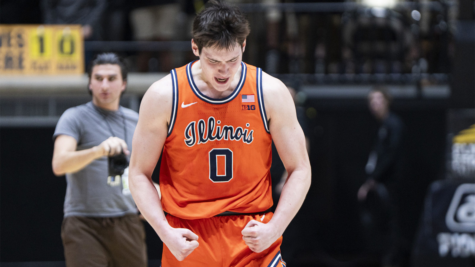 Illinois Fighting Illini forward David Mirkovic (0) celebrates a win agains the Purdue Boilermakers at Mackey Arena.