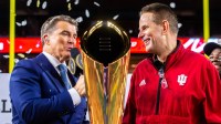Indiana Head Coach Curt Cignetti smiles as he is interviewed on the podium after the College Football Playoff National Championship college football game at Hard Rock Stadium in Miami Gardens on Monday, Jan. 19, 2026.