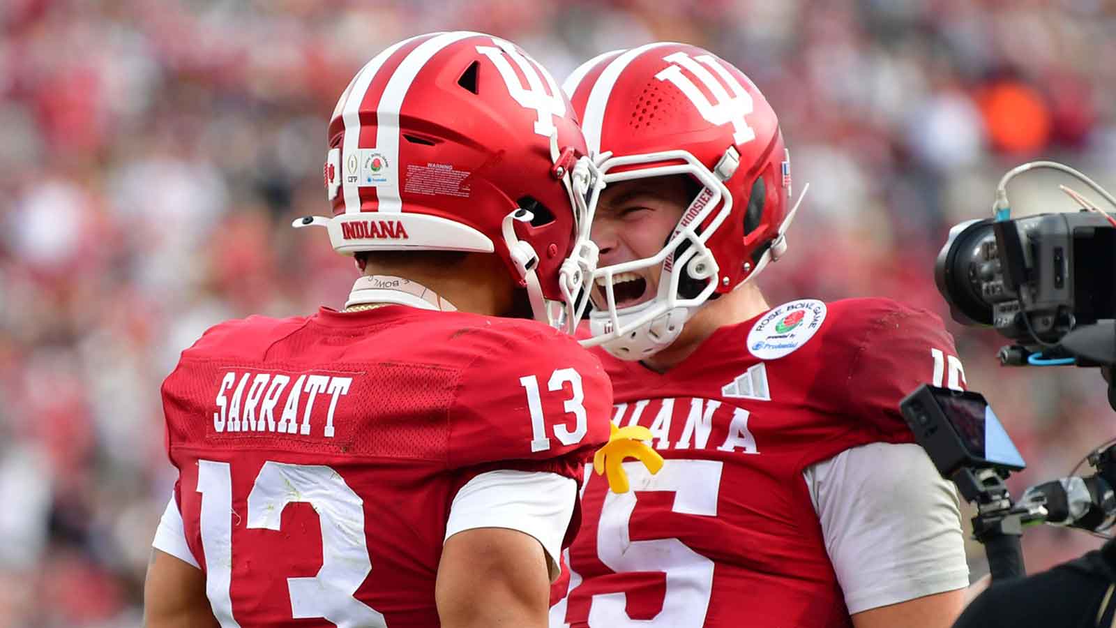 Indiana Hoosiers quarterback Fernando Mendoza (15) celebrates with wide receiver Elijah Sarratt (13) after a touchdown in the second half of the 2026 Rose Bowl and quarterfinal game of the College Football Playoff against the Alabama Crimson Tide at Rose Bowl Stadium. Mandatory Credit: Gary A. Vasquez-Imagn Images