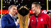Indiana Head Coach Curt Cignetti smiles as he is interviewed on the podium after the College Football Playoff National Championship college football game at Hard Rock Stadium in Miami Gardens on Monday, Jan. 19, 2026.