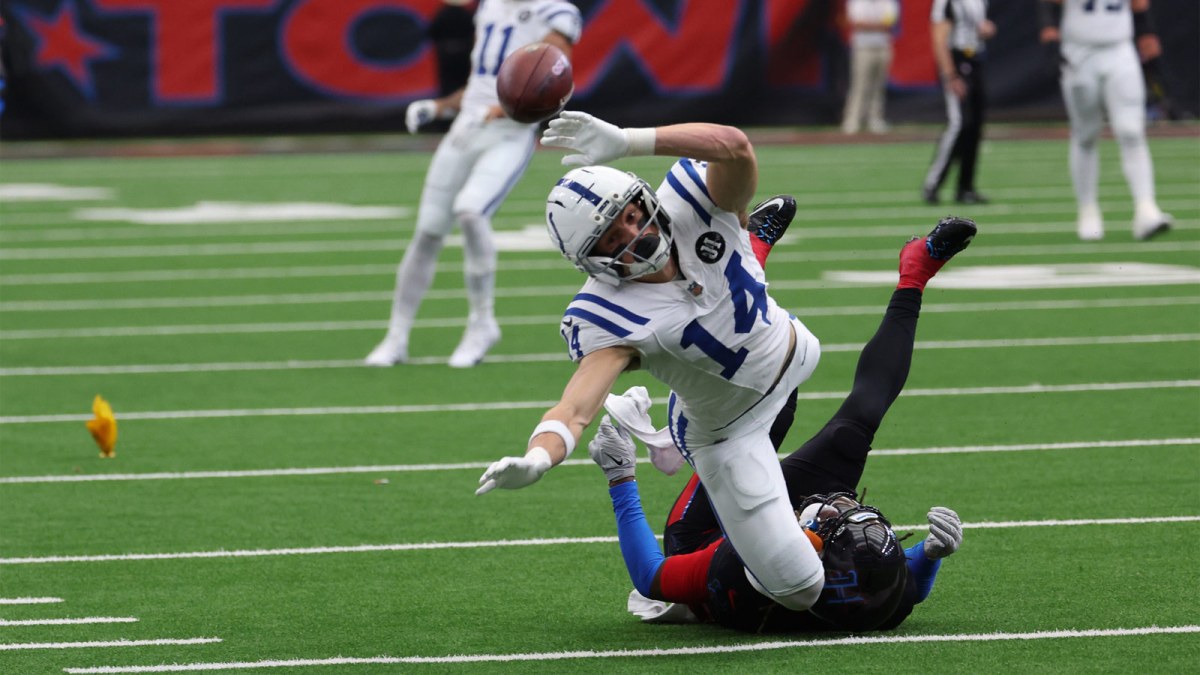 Indianapolis Colts wide receiver Alec Pierce (14) draws the pass interference penalty on Houston Texans safety K'Von Wallace (38) during the first half at NRG Stadium.