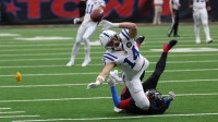 Indianapolis Colts wide receiver Alec Pierce (14) draws the pass interference penalty on Houston Texans safety K'Von Wallace (38) during the first half at NRG Stadium.