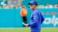 Buffalo Bills head coach Sean McDermott looks at a scoreboard replay during the second quarter against the Miami Dolphins at Hard Rock Stadium.