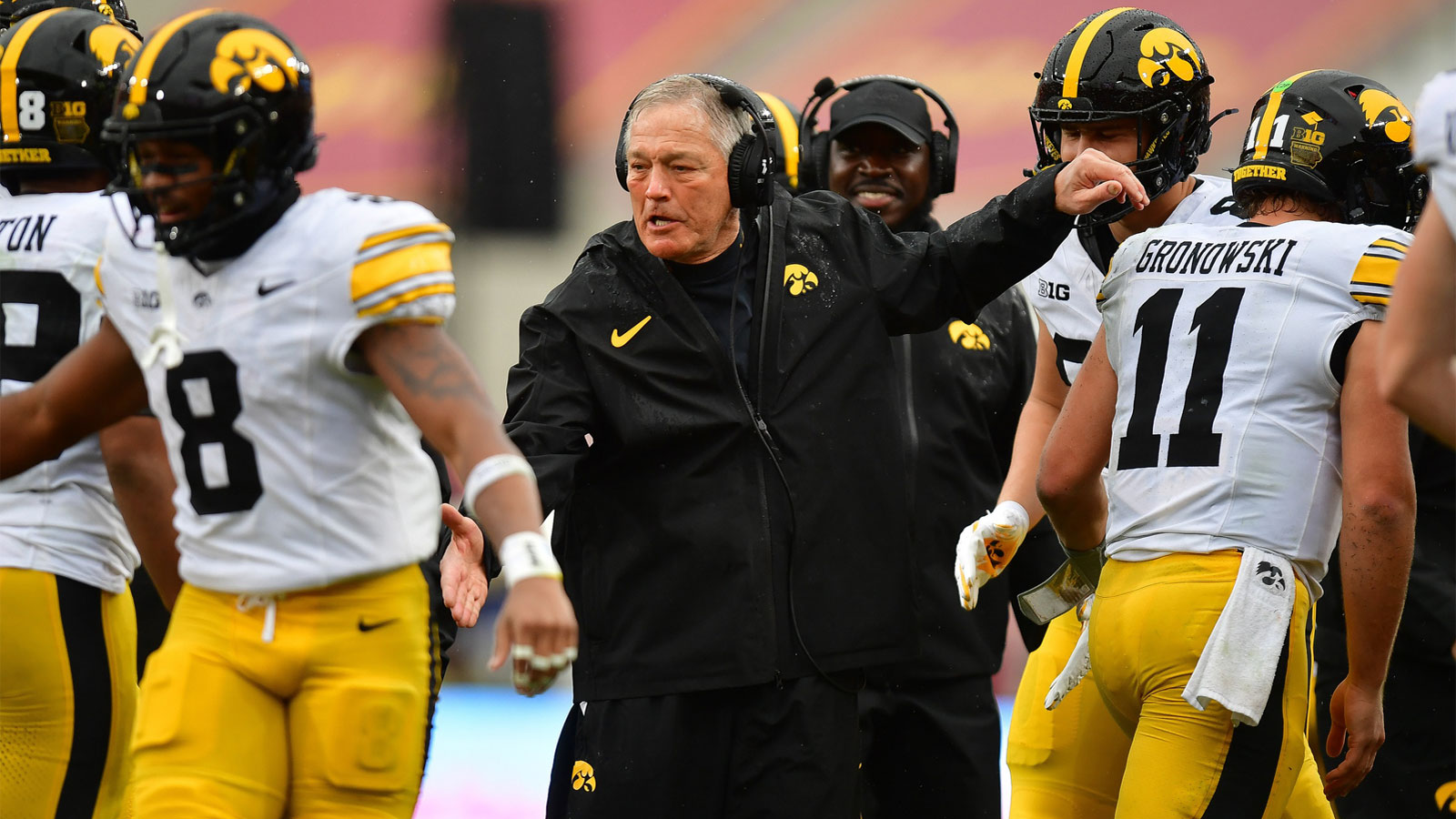 Iowa Hawkeyes head coach Kirk Ferentz during the first half at the Los Angeles Memorial Coliseum.