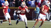 Iowa State Cyclones running back Carson Hansen (26) runs the football against the Kansas Jayhawks during the first half at Jack Trice Stadium.