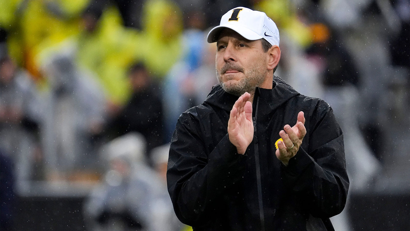 Iowa offensive coordinator Tim Lester watches warm ups Nov. 8, 2025 before a Big Ten Football game against the Oregon Ducks at Kinnick Stadium in Iowa City, Iowa.