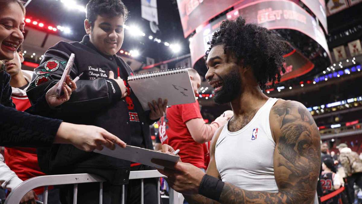 Jan 26, 2026; Chicago, Illinois, USA; Chicago Bulls guard Coby White (0) signs autographs before an NBA game against the Los Angeles Lakers at United Center. Mandatory Credit: Kamil Krzaczynski-Imagn Images