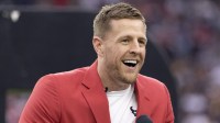 ; Former Houston Texans JJ Watt speaks to the fans during his Ring Of Honor Ceremony at halftime during the game between the Texans and Pittsburgh Steelers at NRG Stadium.