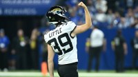Jacksonville Jaguars place kicker Cam Little (39) reacts after a field goal in the second half against the Indianapolis Colts at Lucas Oil Stadium.