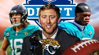 Liam Coen, Trevor Lawrence, Travis Hunter together. NFL Draft logo and Jaguars logo front and center.