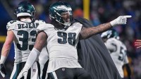 Philadelphia Eagles defensive tackle Jalen Carter (98) reacts to winning a game against the Buffalo Bills at Highmark Stadium.