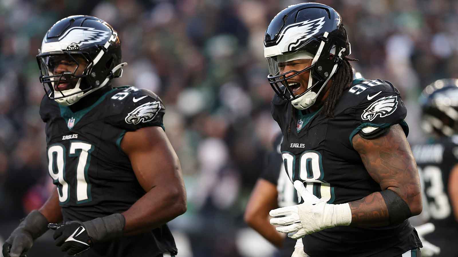 Philadelphia Eagles defensive tackle Jalen Carter (98) celebrates after a sack against the Chicago Bears during the second quarter of the game at Lincoln Financial Field.