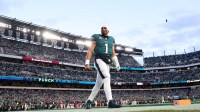 Philadelphia Eagles quarterback Jalen Hurts (1) looks on prior to an NFC Wild Card Round game against the San Francisco 49ers at Lincoln Financial Field. Mandatory Credit: Bill Streicher-Imagn Images