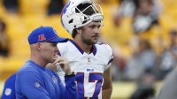 Buffalo Bills head coach Sean McDermott (left) and quarterback Josh Allen (17) talk on the field before the game against the Pittsburgh Steelers at Acrisure Stadium.