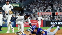 New York Yankees second baseman Jazz Chisholm Jr. (13) tags out Toronto Blue Jays third baseman Addison Barger (47) at first base during the sixth inning during game four of the ALDS round for the 2025 MLB playoffs at Yankee Stadium.