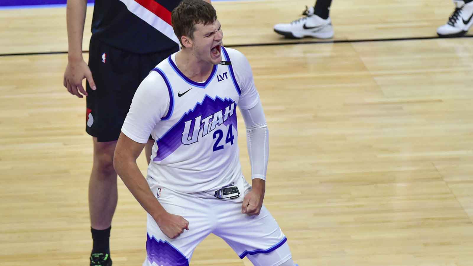 Jazz center Walker Kessler (24) celebrates after his slam dunk during the second half against the Portland Trail Blazers at Delta Center