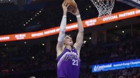 Jazz forward/center Lauri Markkanen (23) goes up for a basket against the Oklahoma City Thunder during the second half at Paycom Center