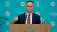 Miami Dolphins head coach Jeff Hafley speaks to reporters during his introductory press conference at Baptist Health Training Complex.