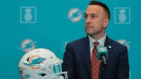 Miami Dolphins head coach Jeff Hafley looks on during an introductory press conference at Baptist Health Training Complex.