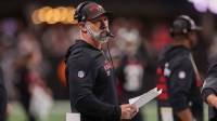 Atlanta Falcons defensive coordinator Jeff Ulbrich on the sideline against the New Orleans Saints in the first quarter at Mercedes-Benz Stadium.