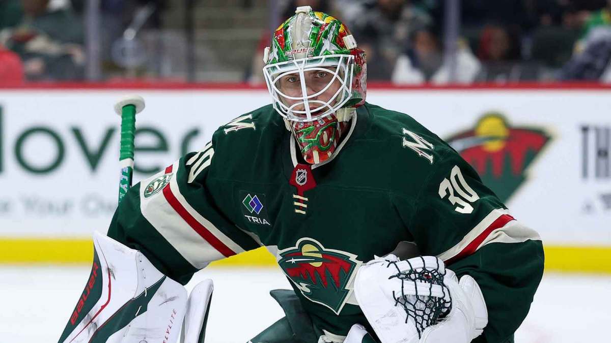 Minnesota Wild goaltender Jesper Wallstedt (30) defends his net against the Winnipeg Jets during the second period at Grand Casino Arena.