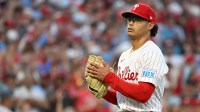 Philadelphia Phillies pitcher Jesus Luzardo (44) reacts after throwing against the Los Angeles Dodgers in the first inning during game two of the NLDS round for the 2025 MLB playoffs at Citizens Bank Park.