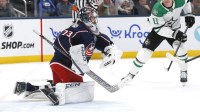 Dallas Stars right wing Nathan Bastian (11) looks for a rebound off Columbus Blue Jackets goalie Jet Greaves (73) save during the first period at Nationwide Arena.