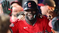 Cleveland Guardians pinch hitter Jhonkensy Noel (43) celebrates after hitting a home run against the Chicago White Sox during the eighth inning at Progressive Field.