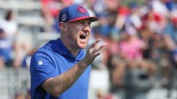 Bills offensive coordinator Joe Brady calls out during drills on the opening day of Buffalo Bills training camp at St. John Fisher University in Pittsford Wednesday, July 24, 2024.