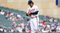 Minnesota Twins starting pitcher Joe Ryan (41) reacts to Cleveland Guardians third baseman Daniel Schneemann’s (10) solo home run during the fifth inning of game one of a double header at Target Field.