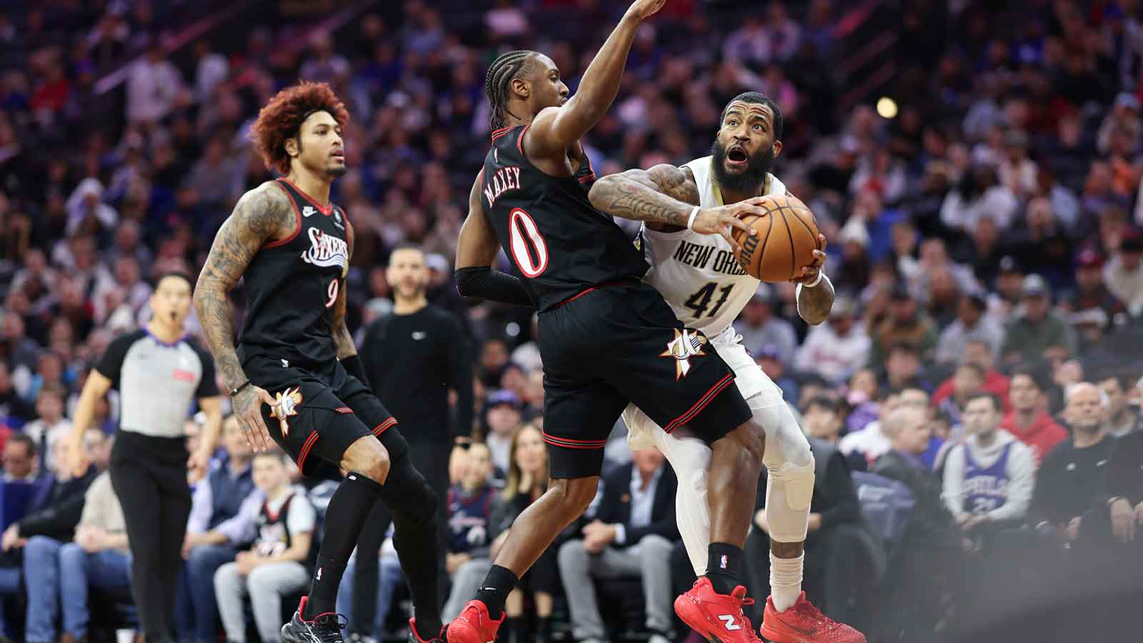 New Orleans Pelicans guard Saddiq Bey (41) controls the ball against Philadelphia 76ers guard Tyrese Maxey (0) during the first quarter at Xfinity Mobile Arena.