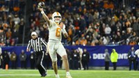 Tennessee Volunteers quarterback Joey Aguilar (6) throws a pass against the Illinois Fighting Illini during the first half at Nissan Stadium.