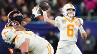 Tennessee quarterback Joey Aguilar (6) pulls back for the throw during the Music City Bowl NCAA college football game against Illinois on Dec. 30, 2025, in Nashville, Tennessee.