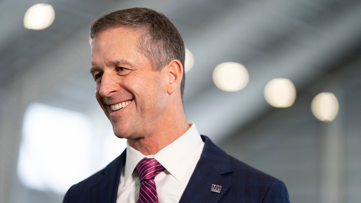 John Harbaugh during his introductory press conference with the New York GIants.