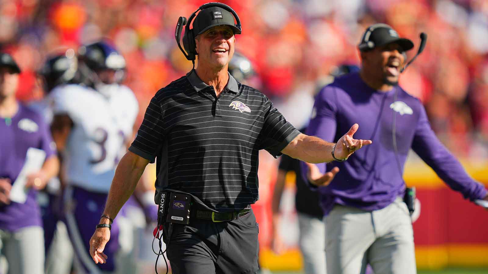 Baltimore Ravens Head Coach John Harbaugh reacts during the first half against the Kansas City Chiefs at GEHA Field at Arrowhead Stadium.